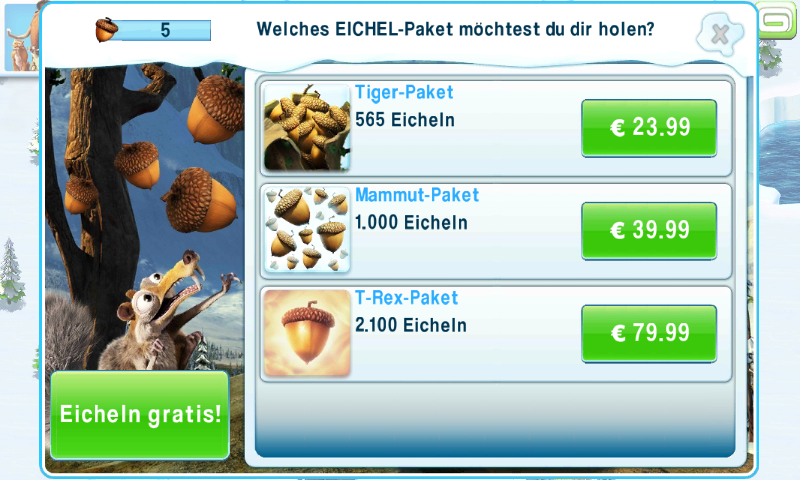Im Free-2-Play Spiel Ice Age Village gibt es allerhand Schnick-Schnack zu kaufen. Um deinen Spielfortschritt jedoch etwas zu beschleunigen, muss die spieleigene Premium-Währung (Eicheln) gekauft werden.