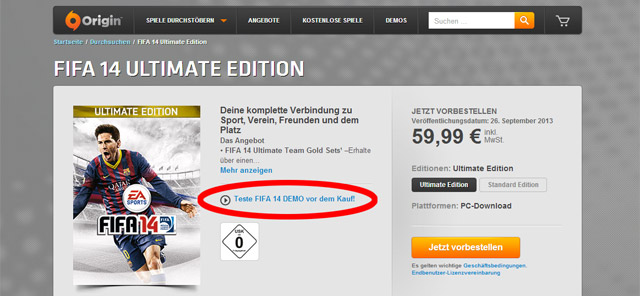 FIFA 14 Demo bei Origin