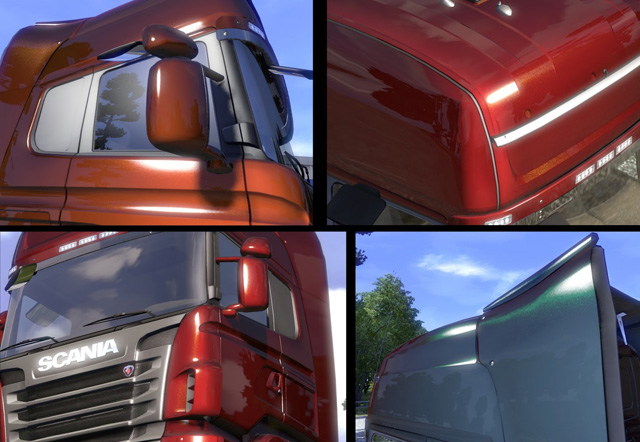 Ein LKW im Euro Truck Simulator 2 mit Flik-Flak-Lackierung. Mit dieser speziellen Lackiermethode erscheint die Oberfläche in jedem Blickwinkel etwas anders.