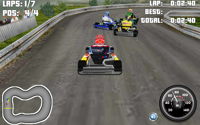 Go Kart 3D kannst du kostenlos im Browser spielen. Und das sogar mit einer flotten 3D-Grafik.