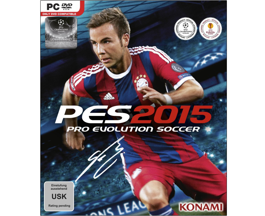 Das offizielle Cover von Pro Evolution Soccer 2015 mit Mario Götze. Die Alterseinstufung (USK-Rating) steht derzeit noch aus.