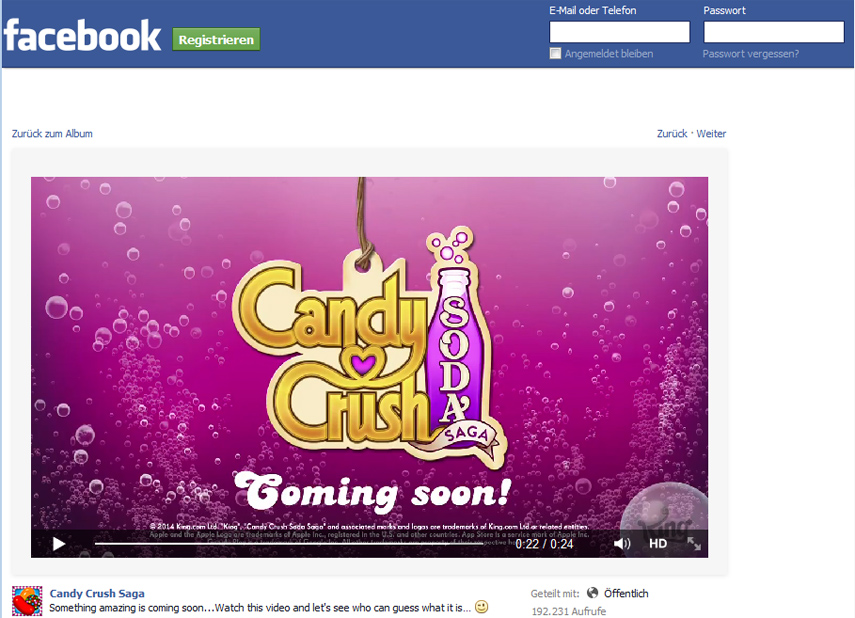 Auf Facebook gibt es einen Trailer, der einen baldige Veröffentlichung von Candy Crush Soda Saga ankündigt.
