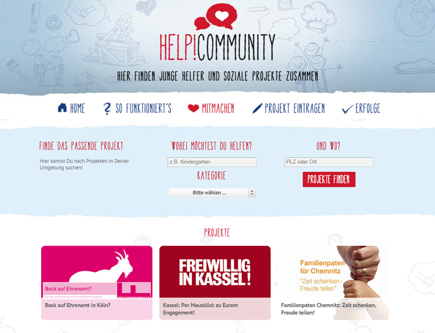 Die Webseite der "help!community" zeigt dir auf einen Blick, wo du dich wie sozial engagieren kannst.